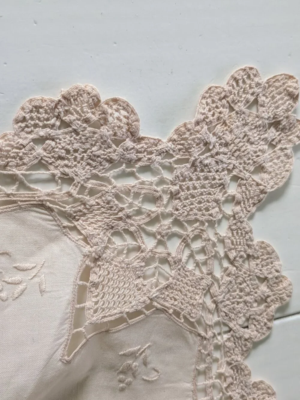 VTG Cream Battenburg Lace Tablecloth 31x30 Cotton Cutwork Embroidered Cottage
